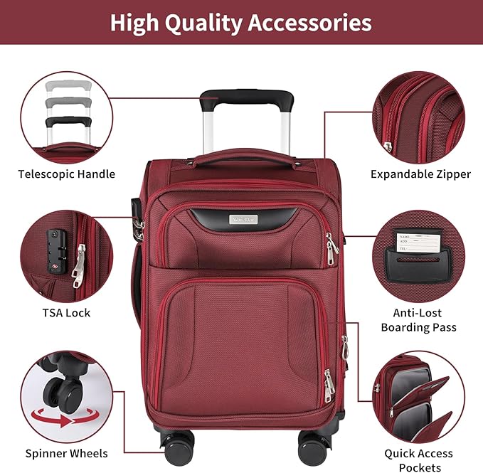 3-Piece Softside Expandable Luggage Set with Front Open Pocket, Lightweight and Durable Oxford Fabric Suitcase Set with TSA Lock (Burgundy Wine Red, 20in/24in/28in)