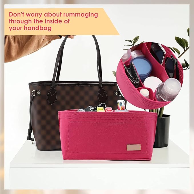 Purse Organizer Insert with Base Shaper Compatible with neverfull MM, Speedy 30 and More,Bag Organizer Insert for Luxury Tote Bags,L/Rose