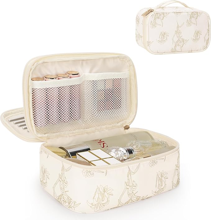 Relavel Travel Makeup Bag, Small Floral Cosmetic Bag with Makeup Brush Compartment, Portable Makeup Pouch for Women, Double Layer Cute Toiletry Organizer Bag, Lily Floral