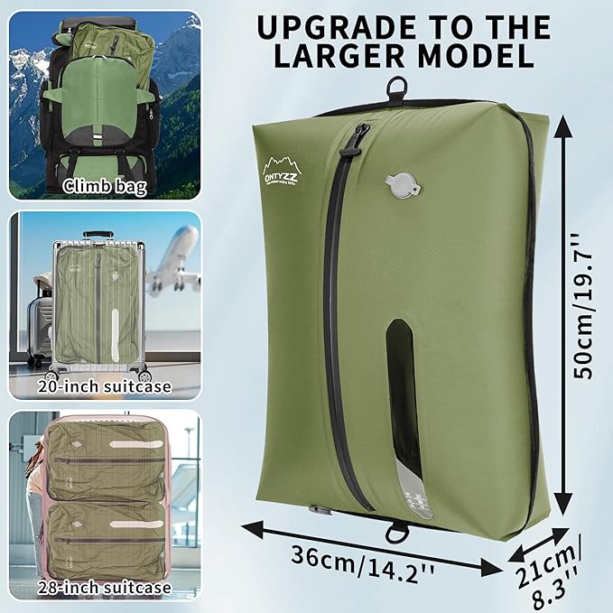 ONTYZZ Vacuum Bags for Travel, Reusable Vacuum Compression Bag, Recycled IPX8 Waterproof Space Saver Bag for Luggage/Camping/Home Storage (2 Pack with Air Pump-Green)
