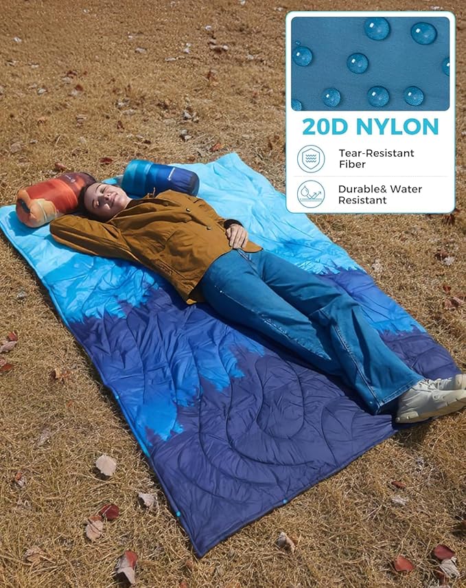 KingCamp Ultralight Camping Blanket, Packable Down Alternative Puffy Printed Wearable Blanket with Snap Buttons & Corner Loops Weatherproof Quilt for Outdoor Travel Stadium (78.7"L x 57.1”W, CYAN)