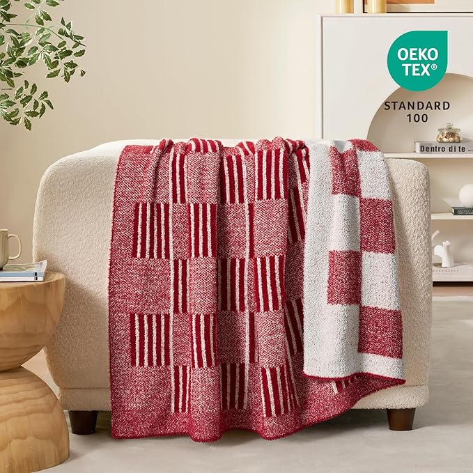 Snuggle Sac Red Checkered Christmas Throw Blanket,Super Soft Reversible Cozy Warm Blanket for Couch Sofa Bedroom,Cute Lightweight Striped Throws for Women,Heather Red,50x60 inches