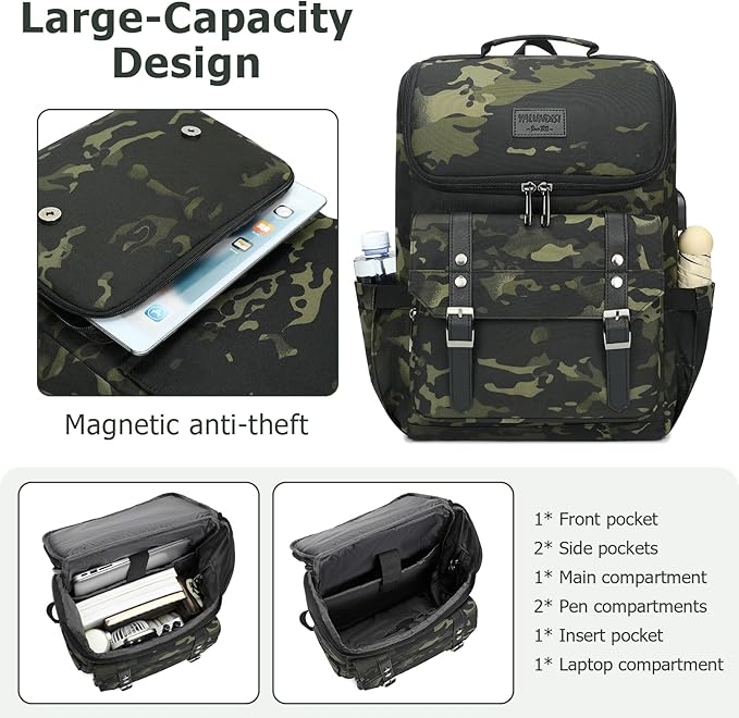 YALUNDISI Vintage Backpack Travel Laptop Backpack with usb Charging Port for Women & Men College Backpack Fits 15.6 Inch Laptop Camouflage Green