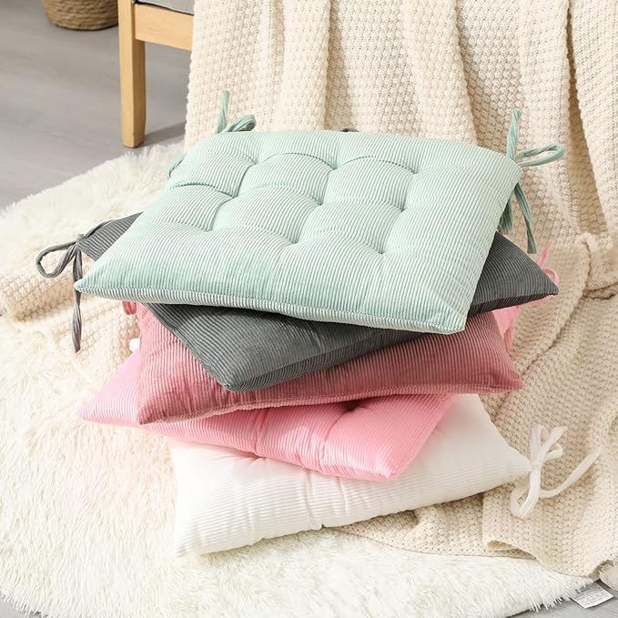 HLOVME Corduroy Chair Cushion with Ties Ultra Soft Warm Floor Cushion for Kids Reading Nook Comfortable Square Seat Cushion for Adult 15.7”x15.7” Set of 2, White