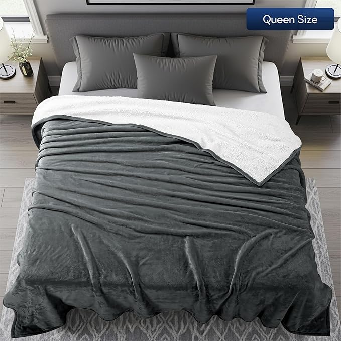 Utopia Bedding Sherpa Blanket Queen Size (Grey, 90x90 Inches) - Soft Warm Plush Fleece Reversible Blanket for Bed, Sofa, Couch, Camping and Travel