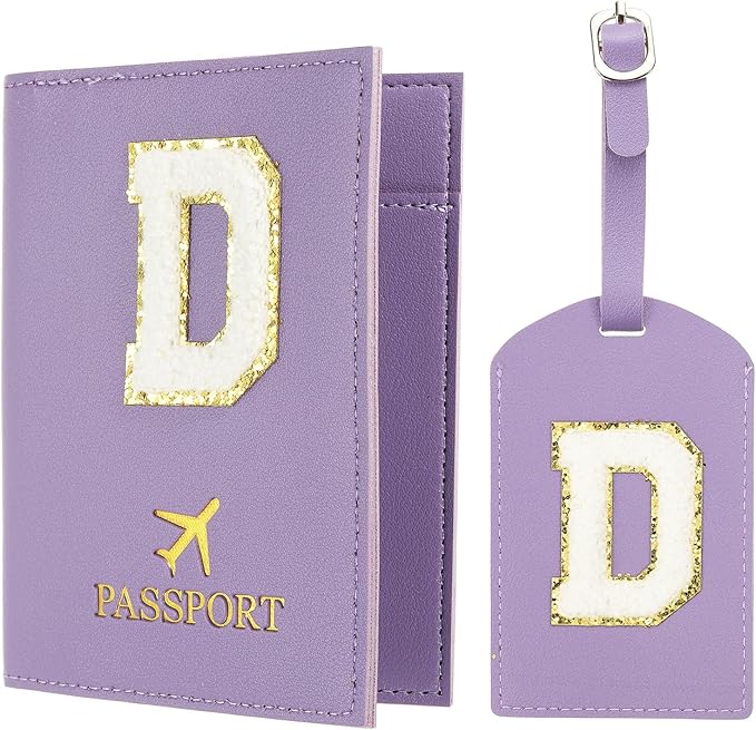 PATIKIL Passport Holder for Travel, Initial Passport Cover and Luggage Tag Set with Alphabet Chenille Letter Patch Travel Wallet Bag Suitcase Identifier for Women Family Travel Purple D