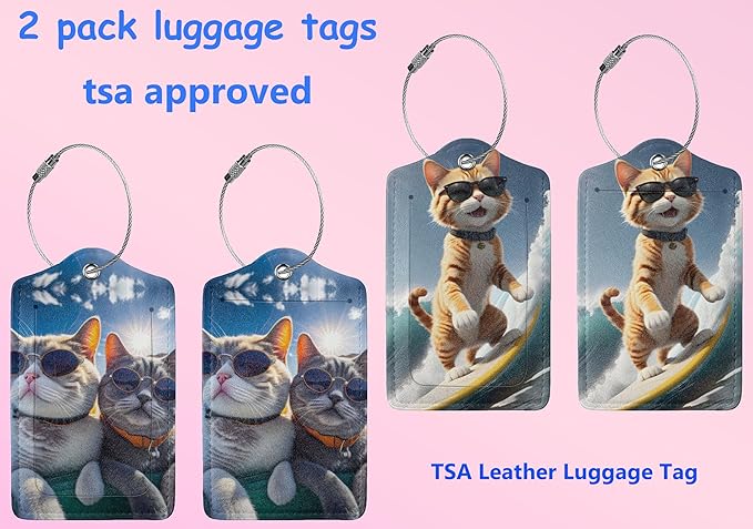 2P Cute Animal Cat Party Luggage Tags Privacy Cover ID Label with Stainless Steel Loop and Address Card for Travel Bag Suitcase Funny Cute Man Women Kids