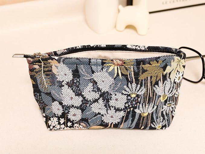 HAPPYHEIDI Cute Floral Makeup Bag Cosmetic Travel Pouch with Bottom and Zipper, Purse Make Up Organizer, Aesthetic Textured Fabric, Medium