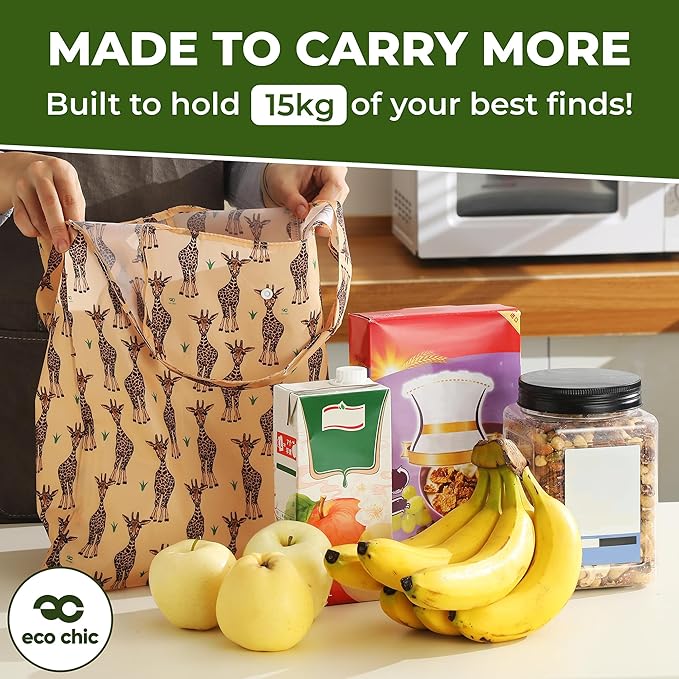 ECO CHIC Foldable Reusable Grocery Bags - Lightweight, Recycled & Reusable Shopping Bag - Waterproof Packable Tote