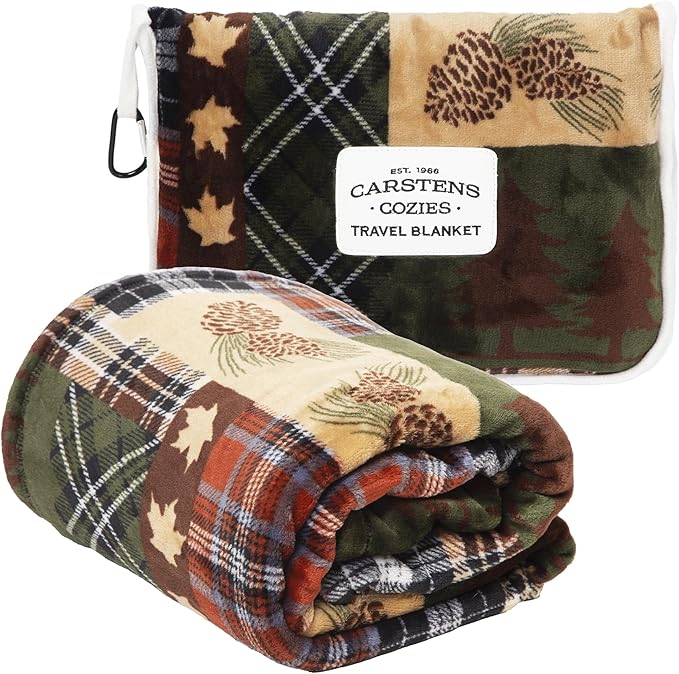 CARSTENS, INC. Travel Blanket, Premium Compact 2-in-1 Airplane Blanket/Pillow, Tree Plaid Rustic
