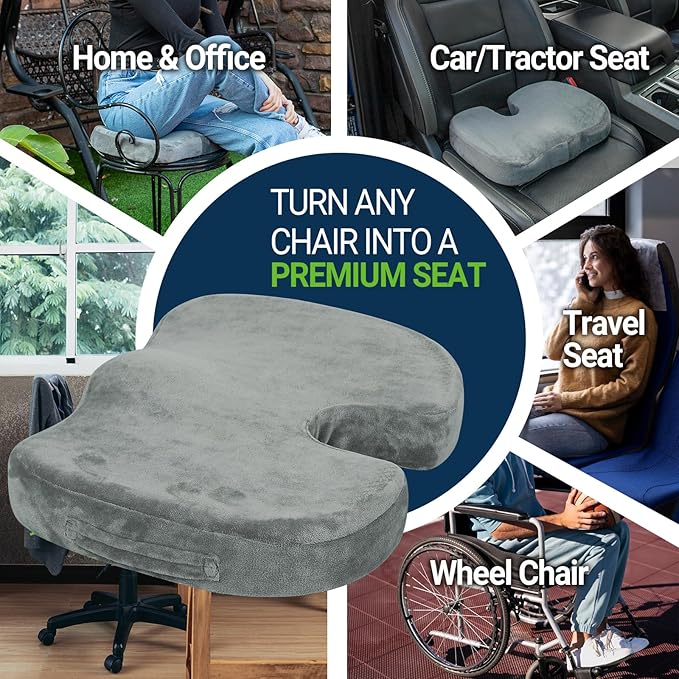 Season Guard Gel Seat Cushion – Office Chair Cushion – Non-Slip Gel Memory Foam Coccyx Cushion for Tailbone Pain - Desk Chair Car Seat Cushion Driving - Sciatica Back Pain Relief, Velvet, Grey