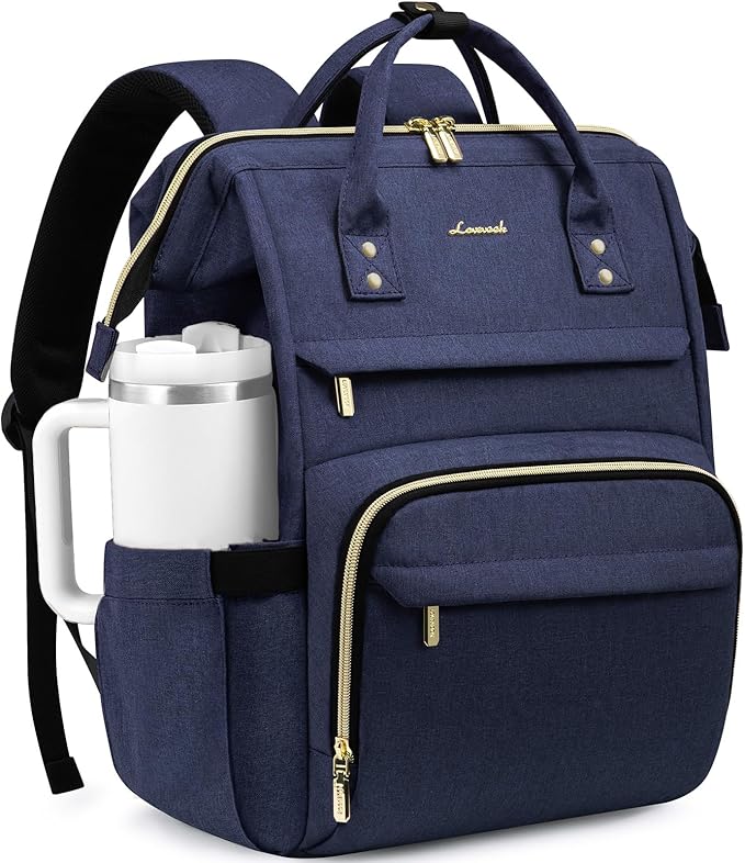 LOVEVOOK Laptop Backpack for Women with Giant Tumbler Holder Pocket,15.6 inch Waterproof Travel Backpack Purse Computer Laptop Bag,Professional Work College Nurse Teacher Backpack Daypack,Dark Blue