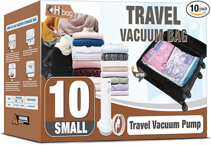 Travel Vacuum Bags with Electric Pump, Vacuum Travel Bags for Luggage and Suitcase, Clothes Clothing, Small 10 Pack