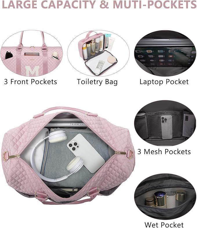 Women Weekender Travel Duffle Bag: Initial Duffel Overnight Bags with Shoe Compartment Large Carry on Tote with Toiletry Bag Weekend Traveling Yoga Gym Hospital Bag for Women with Wet Pocket Letter M
