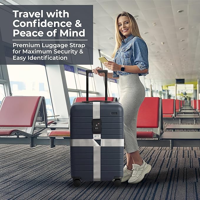 Nylon Luggage Straps for Suitcases | TSA Approved Adjustable Strap w/ 3-Digit Combo Lock | Heavy Duty Belt for 20-32 Inch Suitcases | Travel Luggage Belt Strap for Easy Identification (Silver Grey)