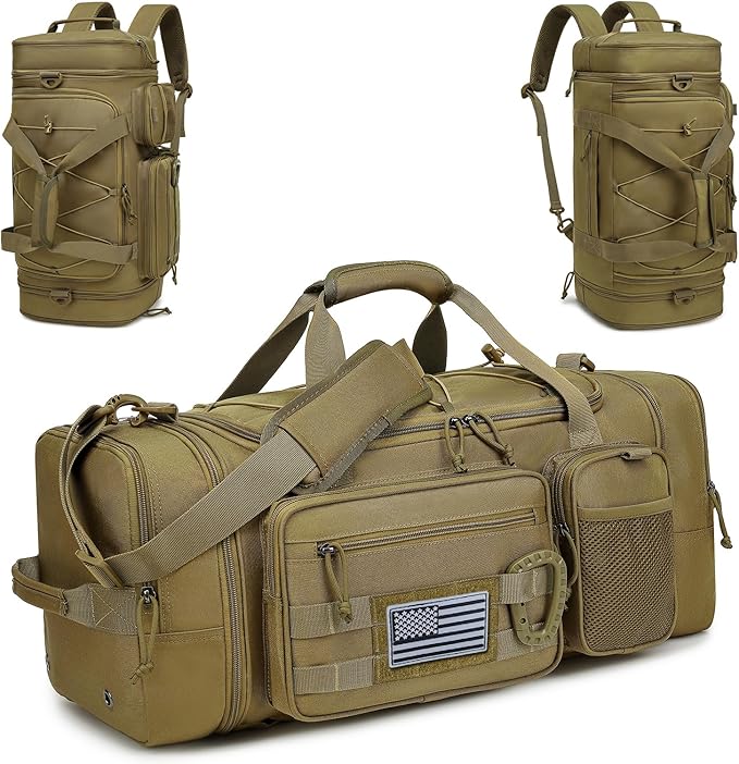 3 in 1 Tactical Gym Bag Backpack for Men 40-45L Expandable Travel Duffle Bag for Women Military Sport Duffel Bags Weekend Overnight with Shoe Compartment & Wet Pocket for Fitness, Brown