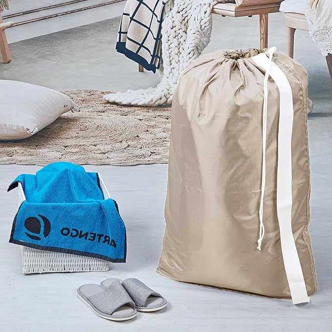 HOMEST XL Nylon Laundry Bag with Strap, Large Dirty Clothes Organizer, Easy Fit a Laundry Hamper or Basket, Can Carry Up to 4 Loads of Laundry, Beige