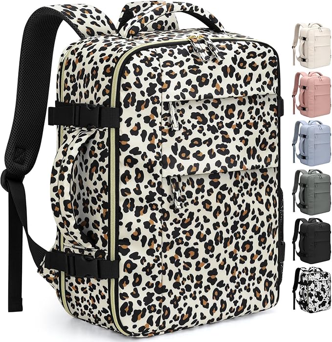 Pritent Travel Backpack for Women Man, Waterproof Personal Item Travel Bag Airline Approved Laptop Backpack Bookbag Weekender bags for Business,Travel, Work Fits 15.6 inch Laptop(Medium,Leopard)