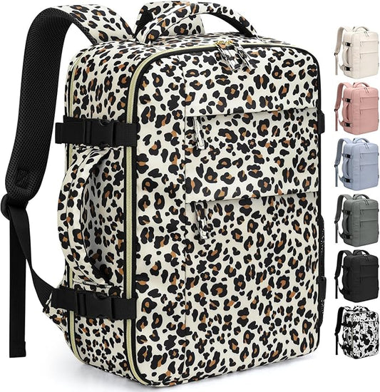 Pritent Travel Backpack for Women Man, Waterproof Personal Item Travel Bag Airline Approved Laptop Backpack Bookbag Weekender bags for Business,Travel, Work Fits 15.6 inch Laptop(Medium,Leopard)