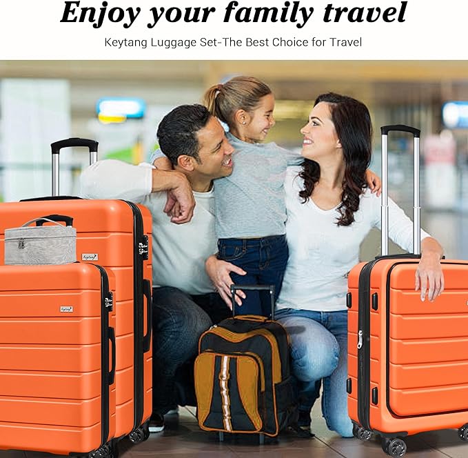 SmileLine 3-Piece Luggage Set Lightweight Hardside Suitcase TSA Lock Spinner Wheels, 20" Expandable Carry-On Luggage with Quick Access Front Open Pocket, Bonus Makeup Bag,Orange