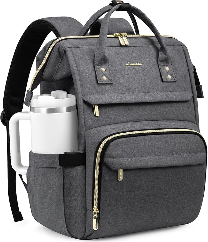 LOVEVOOK Laptop Backpack for Women with Giant Tumbler Holder Pocket,15.6 inch Waterproof Travel Backpack Purse Computer Laptop Bag,Professional Work College Nurse Teacher Backpack Daypack,Dark Grey