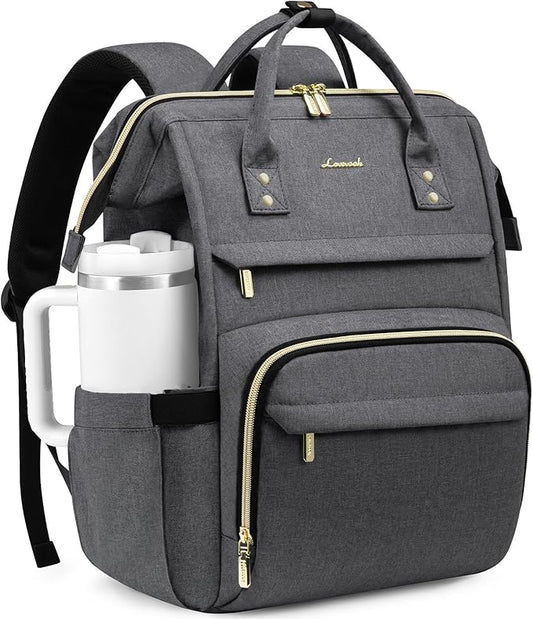 LOVEVOOK Laptop Backpack for Women with Giant Tumbler Holder Pocket,15.6 inch Waterproof Travel Backpack Purse Computer Laptop Bag,Professional Work College Nurse Teacher Backpack Daypack,Dark Grey
