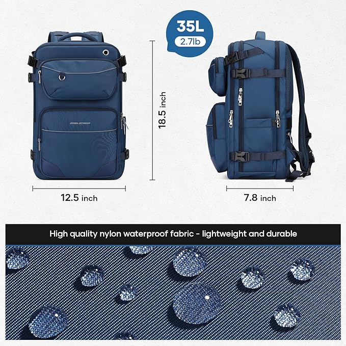 Maelstrom Travel Backpack for Men Women, 35L Carry on Backpack for Traveling on Airplane,with Belt Bag&Shoe Compartment,Waterproof Laptop Backpack fit 17”Laptop-Navy Blue, Large
