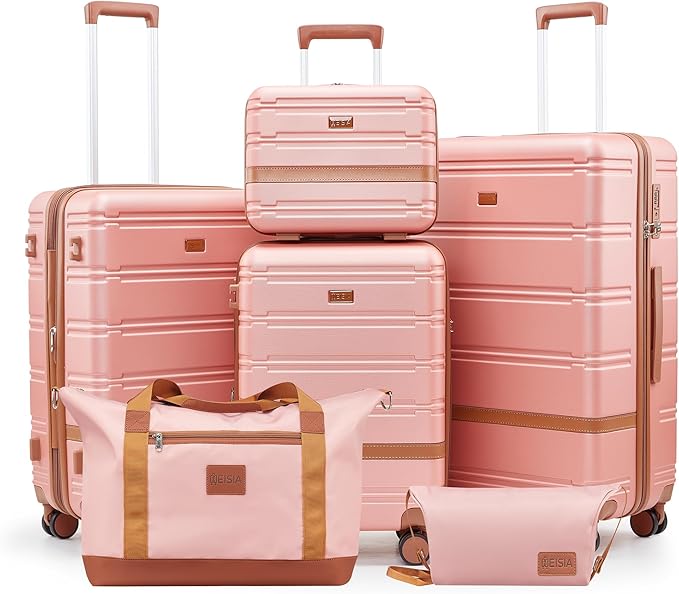 Luggage Sets with spinner wheels, PC+ABS Hard Shell Travel Luggage,Lightweight Carry-on suitcases with TSA Lock,YKK Zippers(Pink, 6 piece set(14/20/24/28/DB/TB))