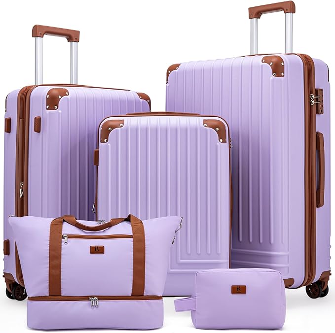 KUNEL Expandable 5 Piece Luggage Sets with Detachable Spinner Wheels and TSA Lock, Unisex Hardside ABS Suitcase Set, Hardshell Lightweight Waterproof Travel Hard Case Suitcases with Wheels, Purple