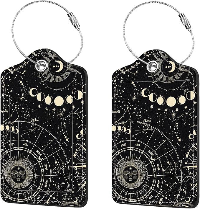 2 Pcs Luggage Tags for Suitcase, Cute Unique PU Leather Travel Bag Tag with Privacy Cover ID Label Address Card and Durable Metal Ring Suitable for Men Women Children Backpack,Cosmic Constellation