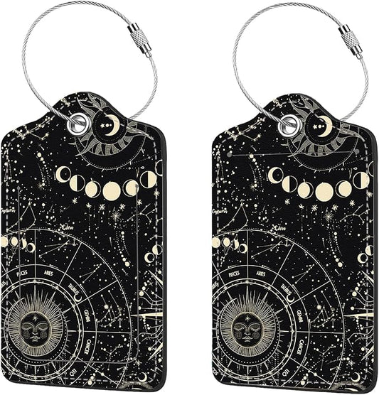 2 Pcs Luggage Tags for Suitcase, Cute Unique PU Leather Travel Bag Tag with Privacy Cover ID Label Address Card and Durable Metal Ring Suitable for Men Women Children Backpack,Cosmic Constellation