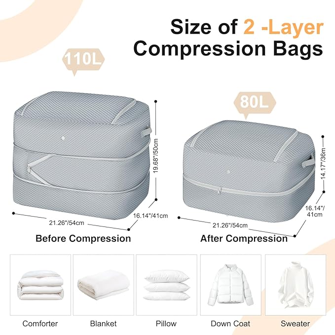 Comforter Storage Bag - 110L Large Capacity Blanket Storage Bags 2-Layer Ultra Space Saving Self Compression Organizer, Washable Compression Bags for Storage Comforter Blanket, 1-Pack, Grey