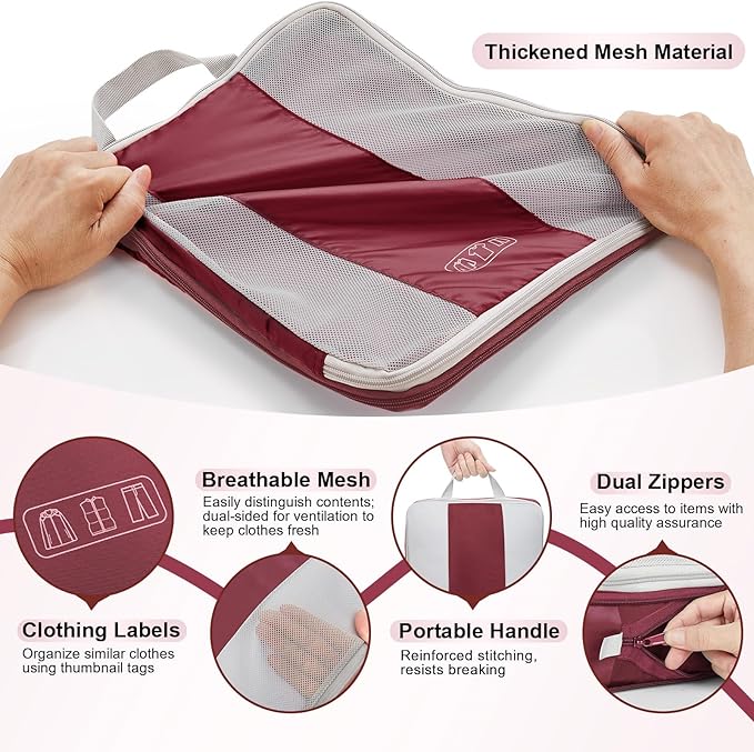 10 Set Compression Packing Cubes for Travel Essentials,Compressible Expandable Packing Cubes for Suitcase,OlarHike Luggage Organizer Bags for Travel,Handy Helper for Organizing Clothes(Wine Red)