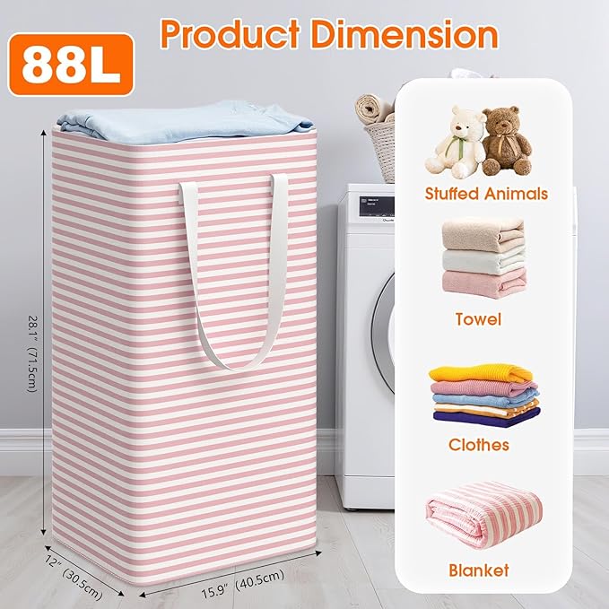 3 Pack Large Laundry Basket,Waterproof & Freestanding Laundry Hamper,Collapsible Clothes Hampers with Easy Carry Long & Reinforced Handles in Bathroom,College Dorm(88Lx3,Pink)