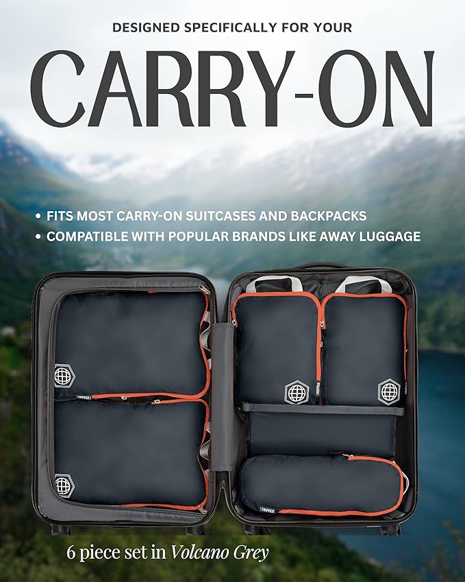 Compression Packing Cubes 6 Piece Set for Carryon Suitcases- Lightweight, Durable Clothes Organizer (Grey and Orange)