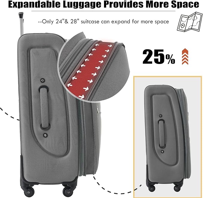 Luggage Sets Softside Expandable 3 Piece Set Lightweight Suitcase with Duffel Bag Upright Spinner Softshell, TSA Lock Carry On for Business for Family Travel (Grey, 22"/26"/30")