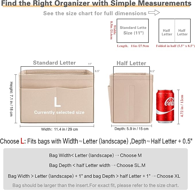 Purse Organizer Insert, Handbag Organizer with Zipper, Tote Shaper with Cup Holder & Keychain, Compatible with LV, Neverfull, MK, COACH, Longchamp, Kate Spade – Beige-Lg