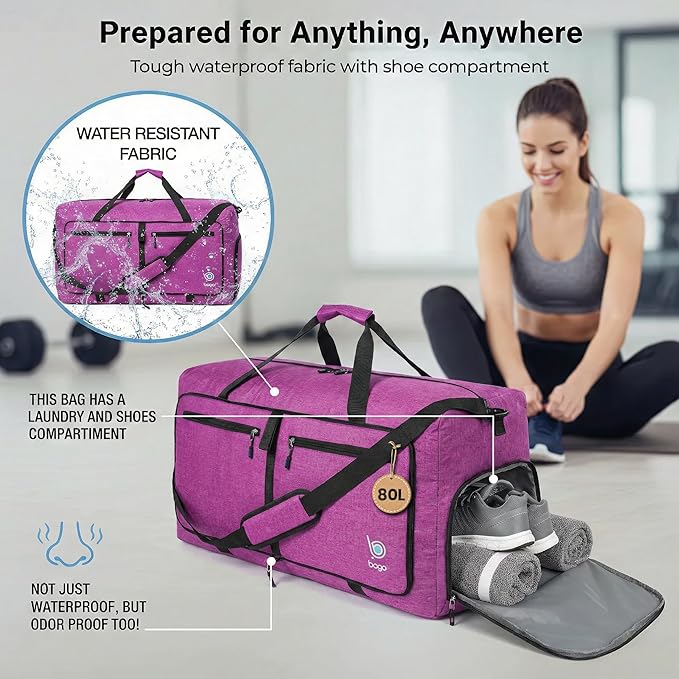 Bago Large Duffle Bag for Travel Women & Men. Durable Lightweight Foldable Travel Duffel Bags For Traveling Women. 80L Duffle Bags For Overnight Bag With Shoe Compartment Collapsible Weekender duffel