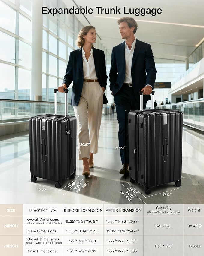 Hanke 24 Inch Plus Expandable Luggage Large Suitcases with Wheels, Medium Checked Luggage Hard Shell Suitcases, PC Trunk Luggage Extra Large Suitcase with Lock for Women Men(Jet Black)