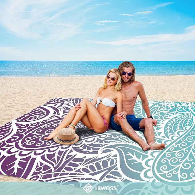 Beach Blanket Waterproof Sandproof Oversized 95”x 80”,Sand Free Beach Mat with Corner Pockets,Portable Mesh Bag for Beach Festival,Picnic,Travel and Outdoor Camping (Ombre Purple Blue)