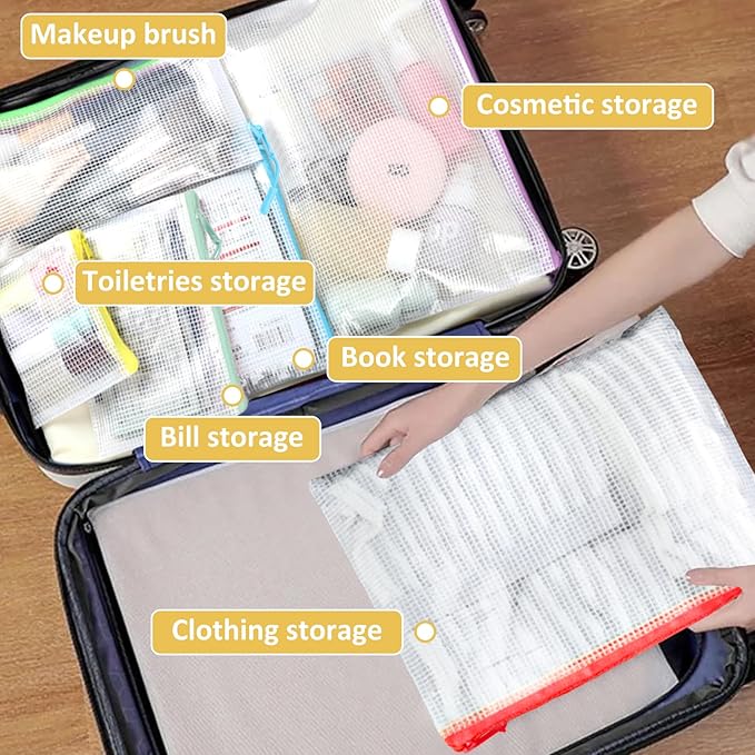 24pcs Mesh Zipper Pouch Bags A4 Zipper Bags for Classroom Organization, Waterproof Document Zipper Pouches for Cosmetics, Travel Storage File Bags for Office Supplie (Multicolored-8sizes 24PCS)