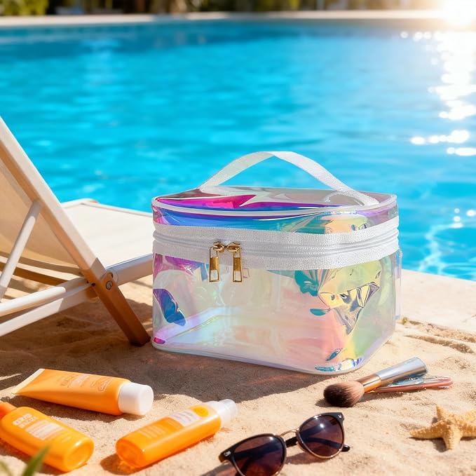 Waterproof Holographic Blue PVC Makeup Bag with Handle - 8.66 * 5.51 * 5.51 inch Travel Cosmetic Organizer for Women Men Toiletry Pouch (Holographic Blue - L)
