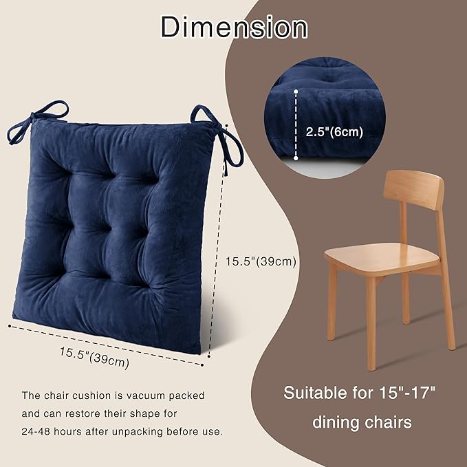 OVOV 4 Pack Chair Cushions for Dining Chairs Soft Seat Cushions for Kitchen Desk Chairs Square Chair Pads with Ties (15.5"x15.5" Navy)