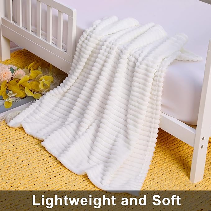 NTBAY Plush Flannel Baby Blanket, Soft and Warm Toddler Blanket with Striped Texture for Stroller, Crib, Travel, 30x40 Inches, White