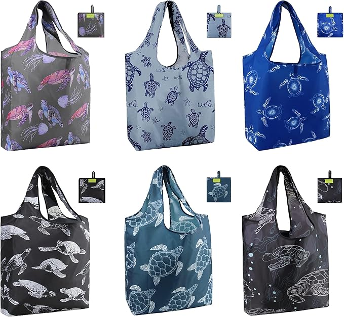 BeeGreen Animal Reusable Shopping Bags Cute Grocery Bag 6 Pack, Christmas Gift Bags Heavy-Duty Foldable Shopping Totes for Supermarket, Work & Travel, Large Washable Polyester Tote Bag with Handles