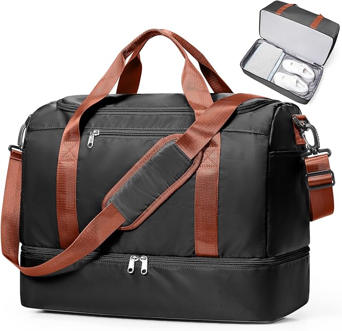 Travel Duffel Bag for Women, Carry-on Overnight Weekender Bags with Wet Pocket, For Spirit Airlines 18x14x8 Personal Item Bag,Small,Black & Brown