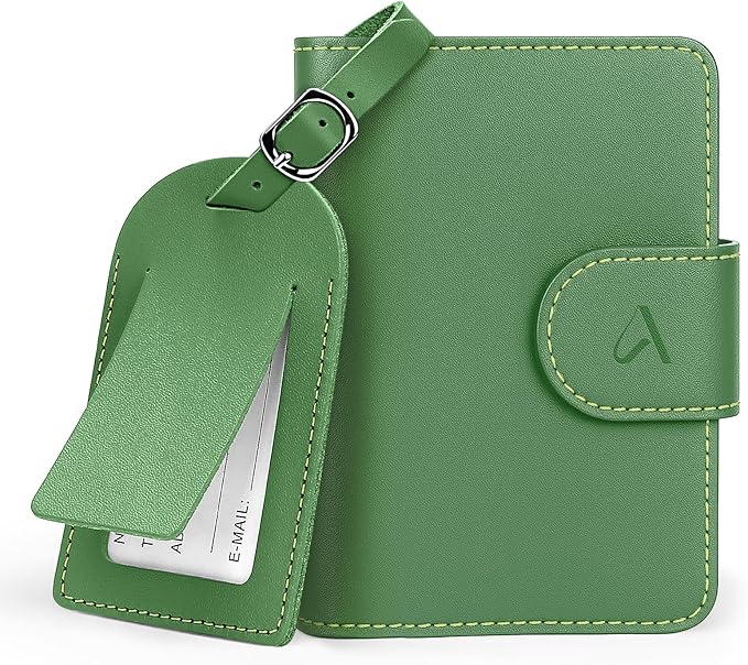 ALLIVE Rfid Passport Holder for Travel Women, Rfid Passport Cover Wallet, Genuine Leather Passport Holder for Travel with AirTag Hidden, Gift Set with Luggage Tag in Premium Gift Box (Avocado Green)