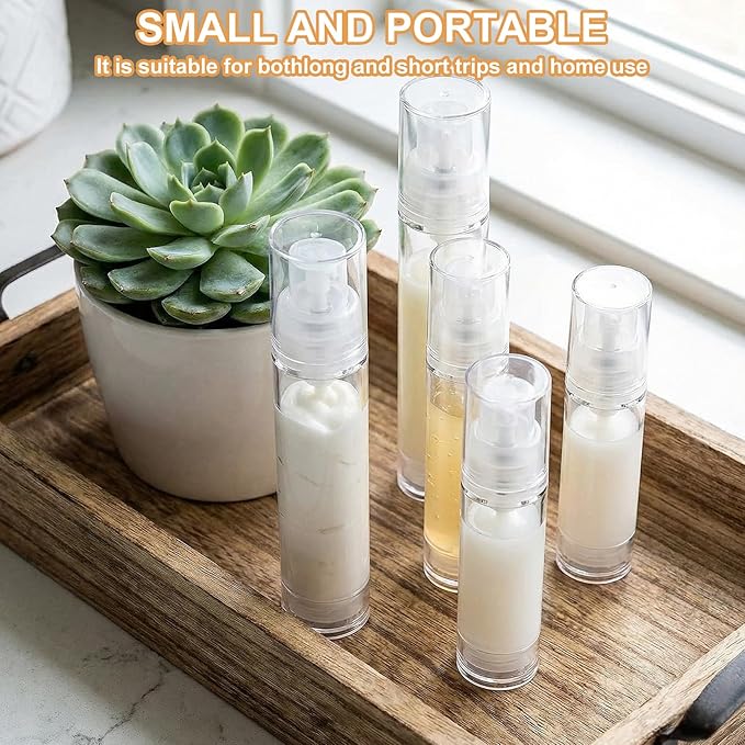 6pcs Airless Travel Pump Bottle, Empty Refillable Vacuum Pump Bottle, 5ml 10ml 15ml Plastic Press Lotion Travel Container for DIY Cosmetic Foundation Toiletries- Clear