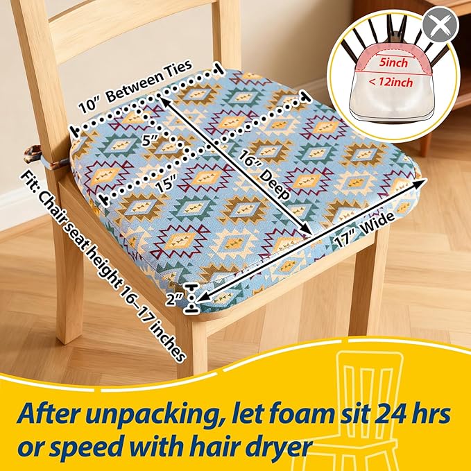 AAAAAcessories D-Shaped Chair Cushions, 2" Thick Dining Chair Pads with Ties and Removable, Machine-Washable Cover, 17" x 16", Set of 8, Geometric Blue