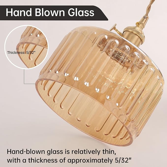 Shenmoyl Plug in Pendant Light Hanging Light Fixtures with Plugin Cord On/Off Switch,Amber Striped Glass Lampshade Brass Pendant Light